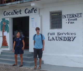 Chris and Amanda outside CocoNet Cafe, Neiafu