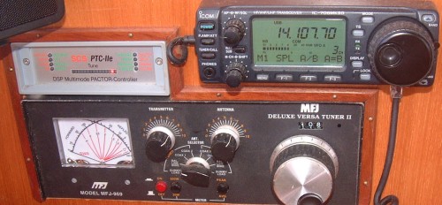 SSB Radio on right, Pactor 3 Modem on left, & Antenna Tuner on Ocelot