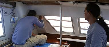 Houa and Heru test fitting galley headliner panels