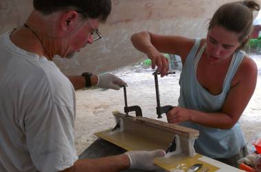 Jon and Amanda clamping the finished glass onto the mold