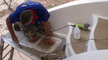 Mike preparing the sugar-scoops for a gelcoat spray next week