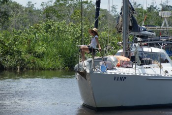 Rachel on the bow of Vamp on the Klias River