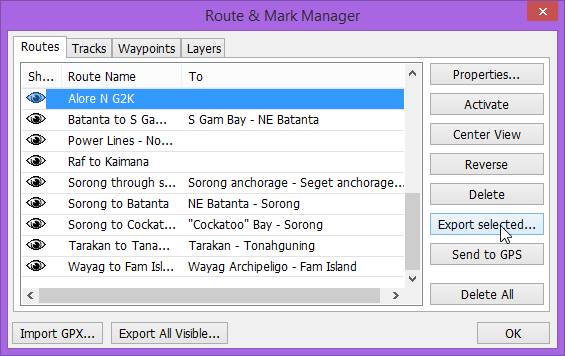 OpenCPN's Route Manager. Cursor points to the Export button.