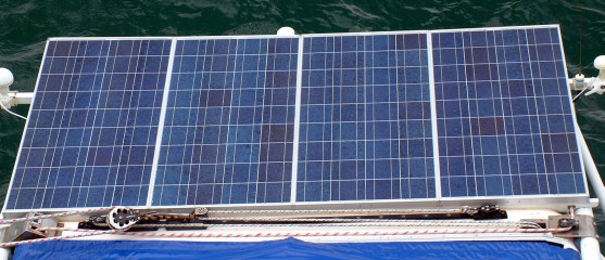 4 120W solar panels fit nicely above the davits, and aft of the mainsail track