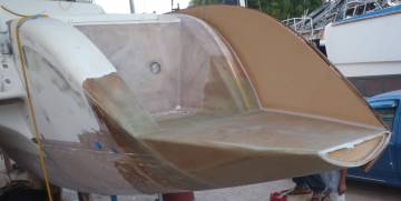 Starboard transom extension with skin of outer wall in place